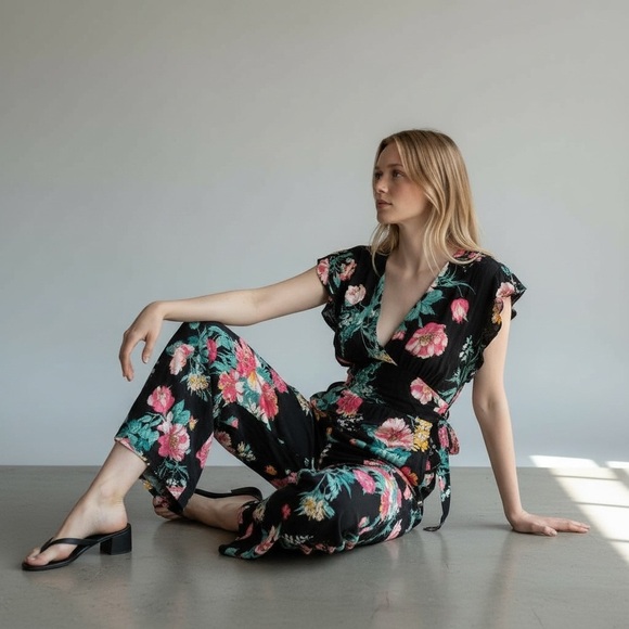Xhilaration Black and Pink Floral Jumpsuit with V-Neckline - Picture 2 of 10
